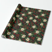 Witte poinsettia en rode Holly bessen Cadeaupapier (Uitgerold)