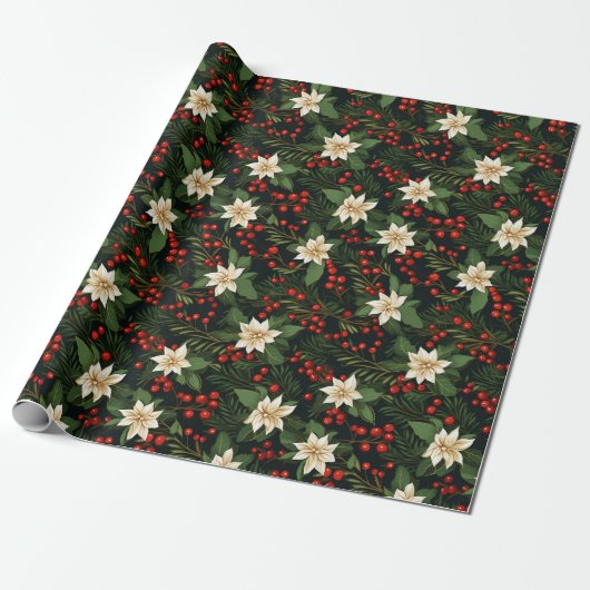 Witte poinsettia en rode Holly bessen Cadeaupapier (Uitgerold)