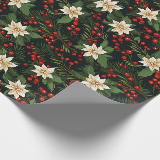 Witte poinsettia en rode Holly bessen Cadeaupapier (Hoek)