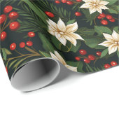 Witte poinsettia en rode Holly bessen Cadeaupapier (Rol Hoek)