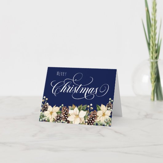 Witte Poinsettia gevouwen blauw Feestdagen Kaart (Voorkant)