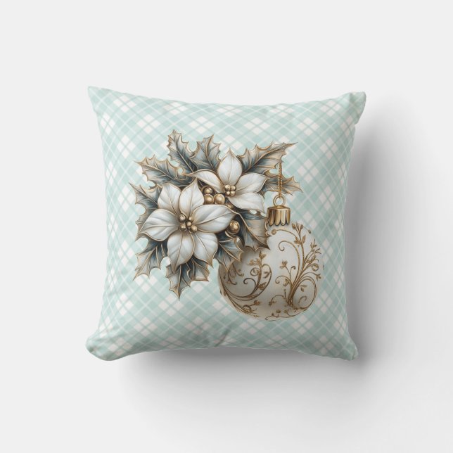 Witte Poinsettia & Goud Ornament Kussen (Voorkant)