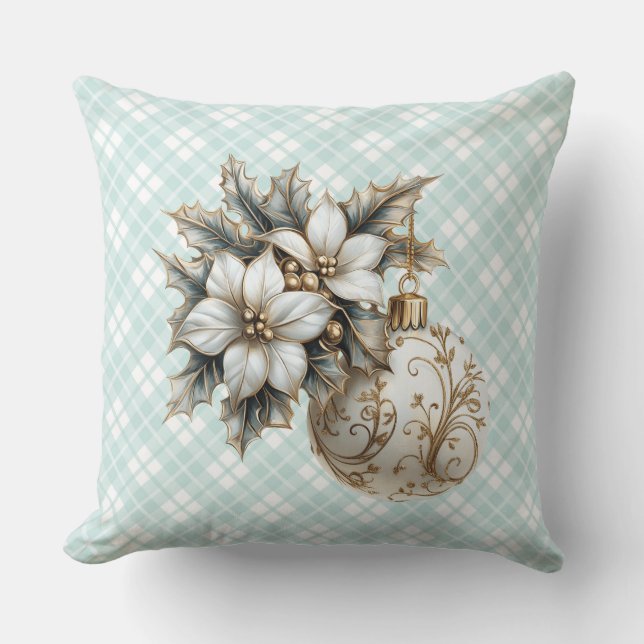 Witte Poinsettia & Goud Ornament Kussen (Voorkant)