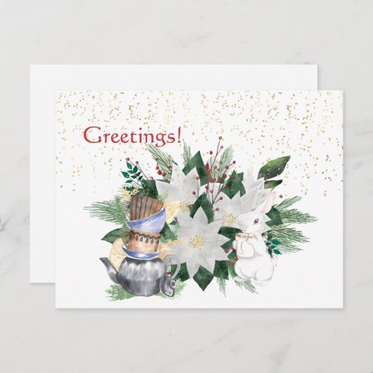  witte Poinsettia konijn Kerstmis Briefkaart (Voorkant / Achterkant)