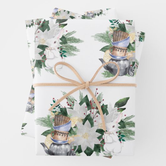  witte Poinsettia konijn Kerstmis Inpakpapier Vel (In situ)