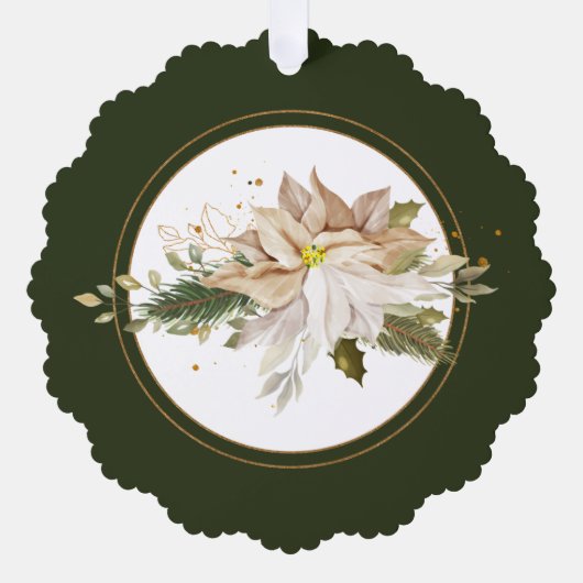 Witte Poinsettia met Pine & Goud Groen-Groen Ornament Kaart (Voorkant)