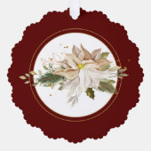 Witte Poinsettia met Pine & Goud Groen-Rood Ornament Kaart (Voorkant)