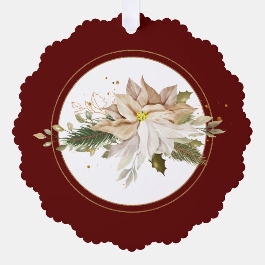 Witte Poinsettia met Pine & Goud Groen-Rood Ornament Kaart (Voorkant)