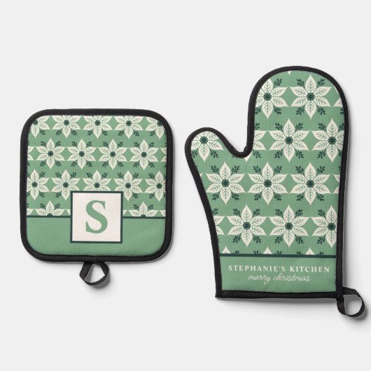 Witte Poinsettia op Groene Bloemen Monogrammed Ovenwant & Pannenlap Set (Voorkant)