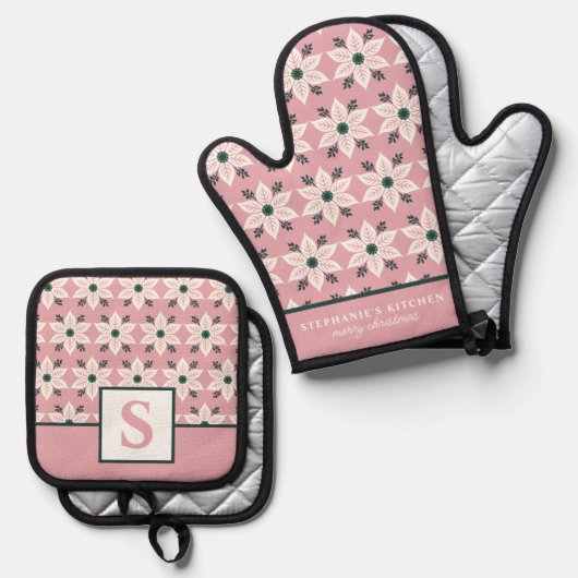 Witte Poinsettia op Roze Bloemen Monogrammed Ovenwant & Pannenlap Set (Voorkant / Achterkant)