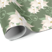Witte Poinsettia Patroon Wervelt Groene Kerstmis Cadeaupapier (Rol Hoek)