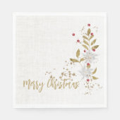 Witte Poinsettia Rode bessen Glitter Faux Linen Servet (Voorkant)