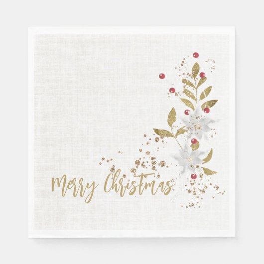 Witte Poinsettia Rode bessen Glitter Faux Linen Servet (Voorkant)