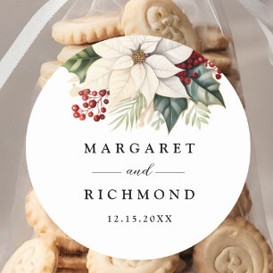Witte poinsettia rode bessen winterbruiloft ronde sticker