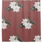 Witte Poinsettia Winterbloemen op rood Douchegordijn (Voorkant)