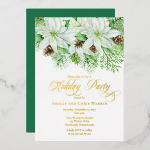 Witte Poinsettia's Dennenkegels Dennenfeest Folie Uitnodiging