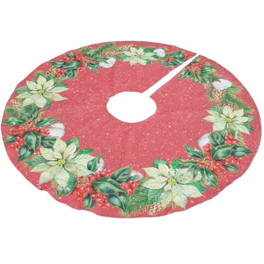 Witte poinsettia's, Holly en bessen Kerstboom Rok (Gekanteld)