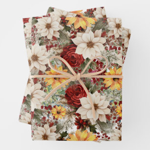 Witte Poinsettias & Zonnebloemen Kerstmis Inpakpapier Vel