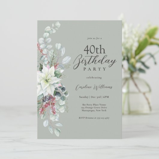 Witte Pointsettia Bloemen 40ste verjaardag Kaart (Staand voorkant)