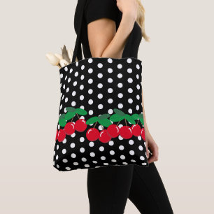 Witte poka Dots on Black met Cherries Tote Bag