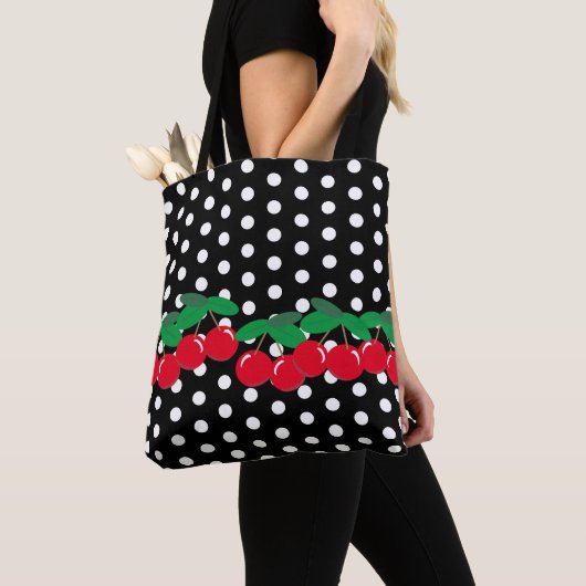 Witte poka Dots on Black met Cherries Tote Bag (Dichtbij)