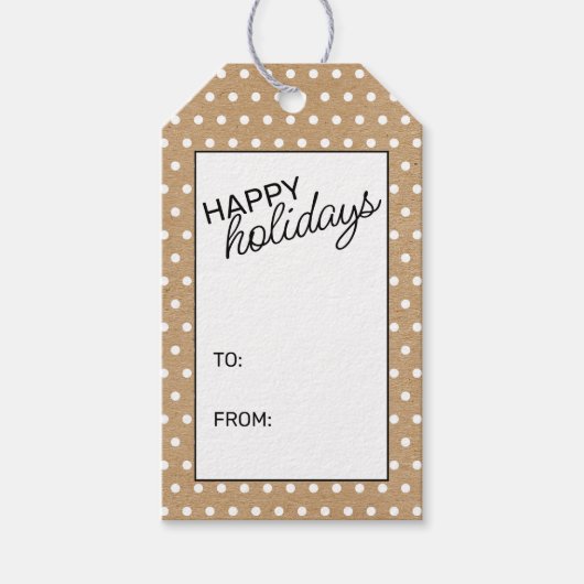 Witte pokadots op bruinkraftpapier cadeaulabel (Voorkant)