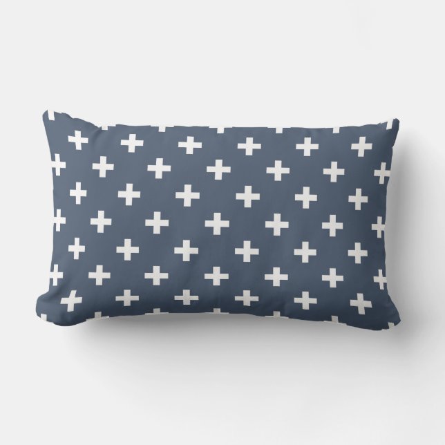 Witte polakkruisen op blauw-grijs kussen (Voorkant)