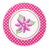 Witte Polka Dot en Roze Bloemen Keramische Knop (Voorkant)