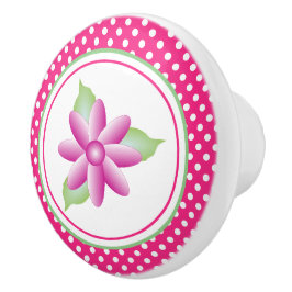 Witte Polka Dot en Roze Bloemen Keramische Knop