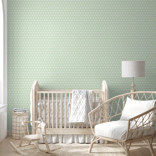 Witte Polka Dot op Bord Groen Patroon Behang (Kinderen)