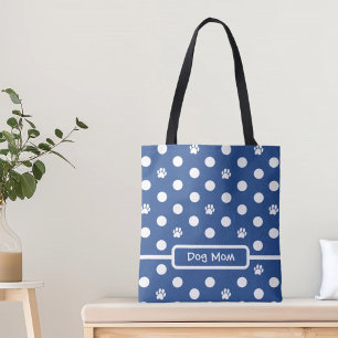Witte Polka-Dot Paw Prints Blauw Personaliseren Tote Bag