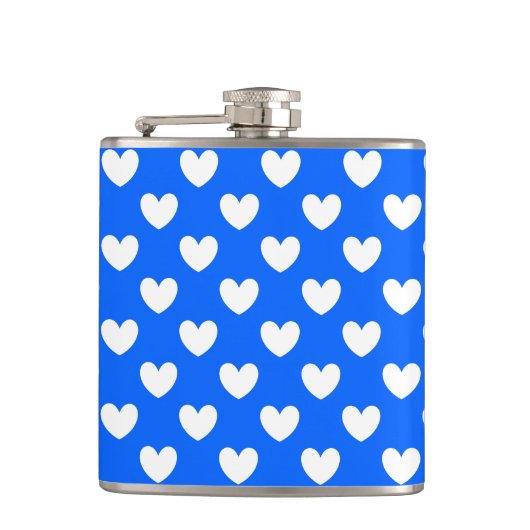 Witte polka harten blauw heupfles (Voorkant)