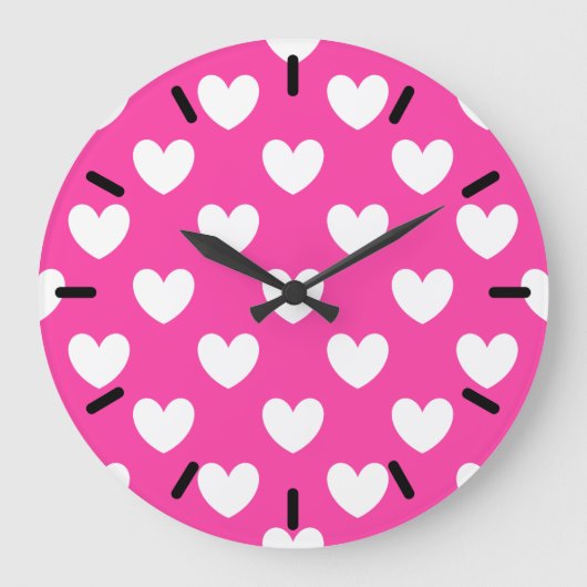 Witte polka harten op fuchsia roze grote klok (Voorkant)
