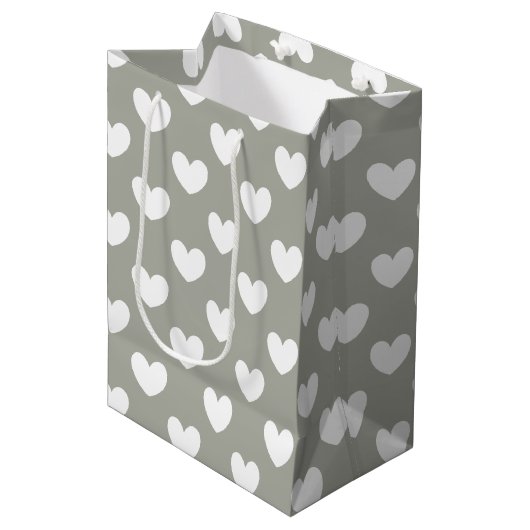 Witte polka harten op Pussywillow Gray Medium Cadeauzakje (Voorkant Gekanteld)