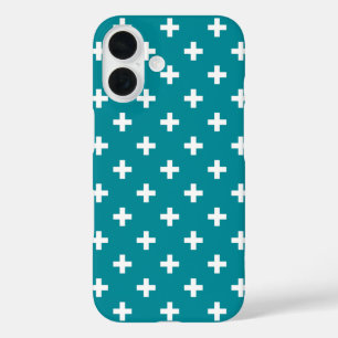 Witte polka kruist blauwgroen iPhone 16 hoesje