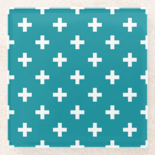 Witte polka kruist blauwgroen glazen onderzetter