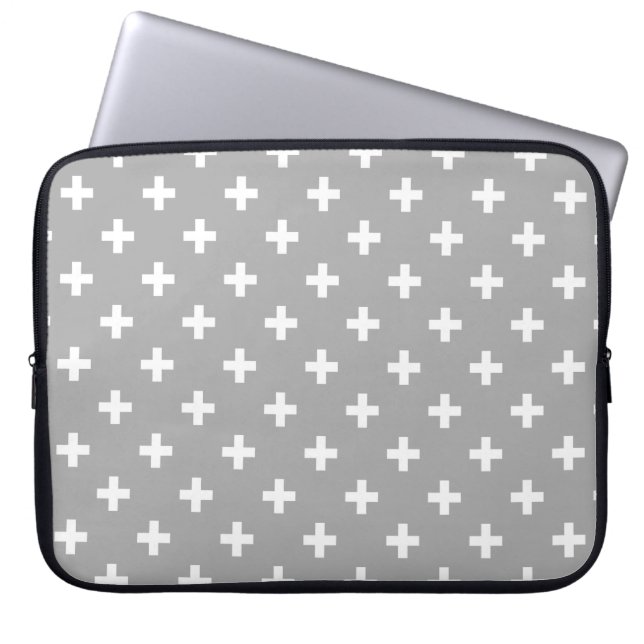 Witte polka kruist grijs laptop sleeve (Voorkant)
