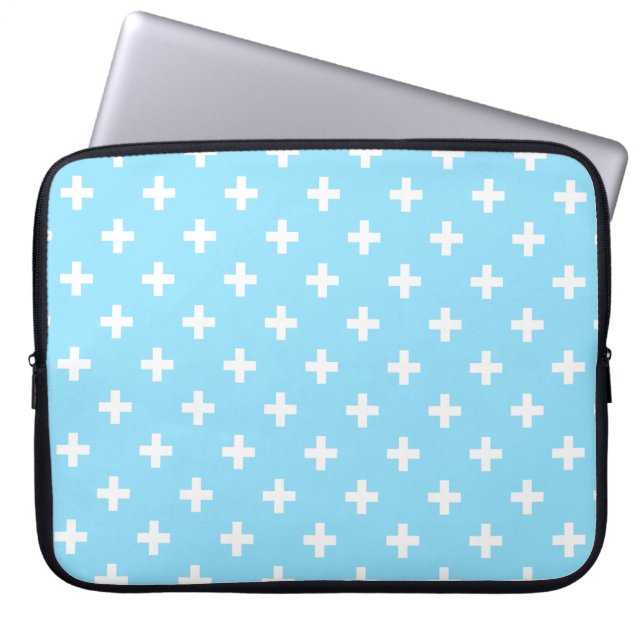 Witte polka kruist op babyblauw laptop sleeve (Voorkant)