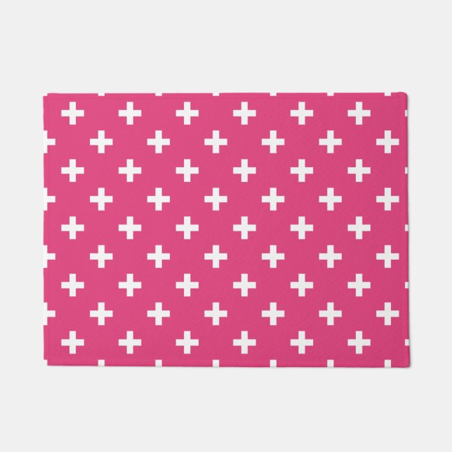 Witte polka kruist op fuchsia deurmat (Voorkant)