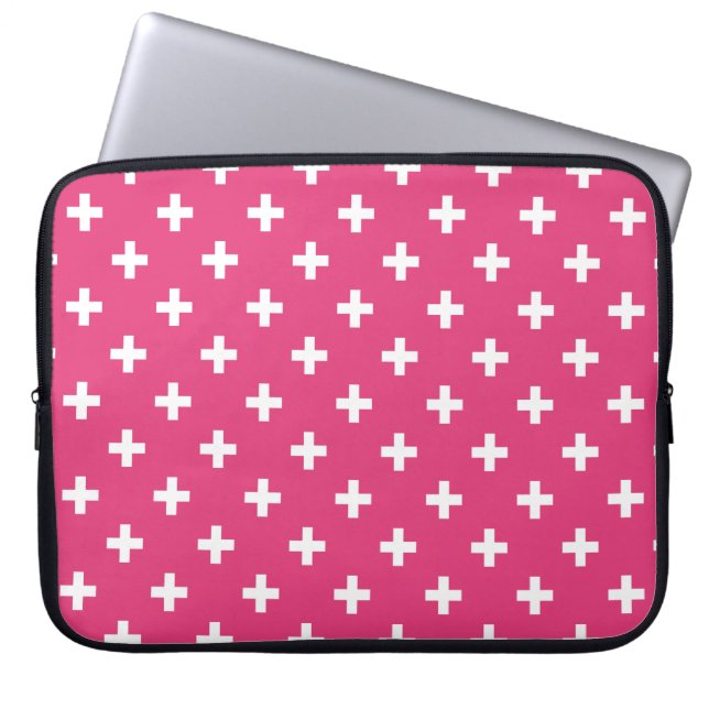 Witte polka kruist op fuchsia laptop sleeve (Voorkant)