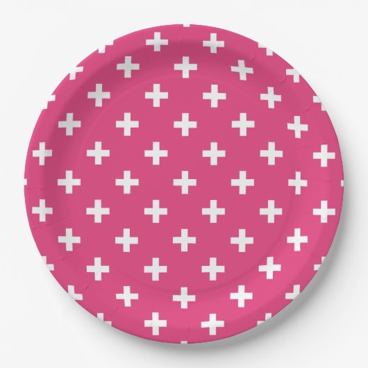 Witte polka kruist op fuchsia papieren bordje (Voorkant)