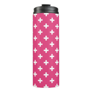 Witte polka kruist op fuchsia thermosbeker