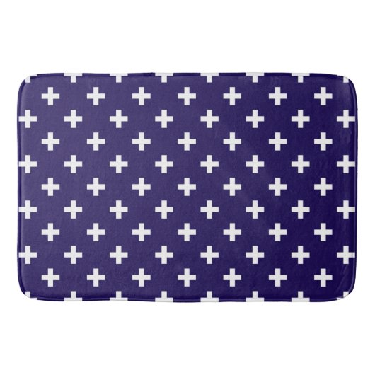 Witte polka kruist op marineblauw badmat (Voorkant)
