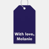 Witte polka kruist op marineblauw cadeaulabel (Achterkant)