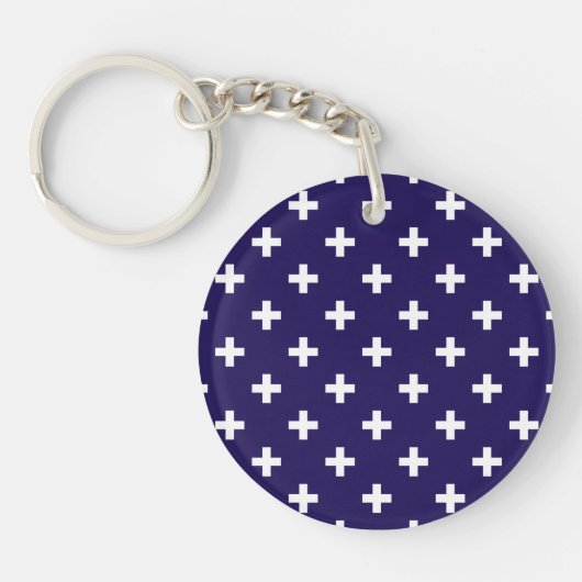 Witte polka kruist op marineblauw sleutelhanger (Voorkant)