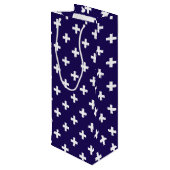 Witte polka kruist op marineblauw wijn cadeautas (Achterkant Gekanteld)