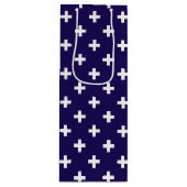 Witte polka kruist op marineblauw wijn cadeautas (Voorkant)