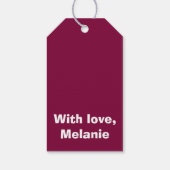 Witte polka kruist op moerbei cadeaulabel (Achterkant)