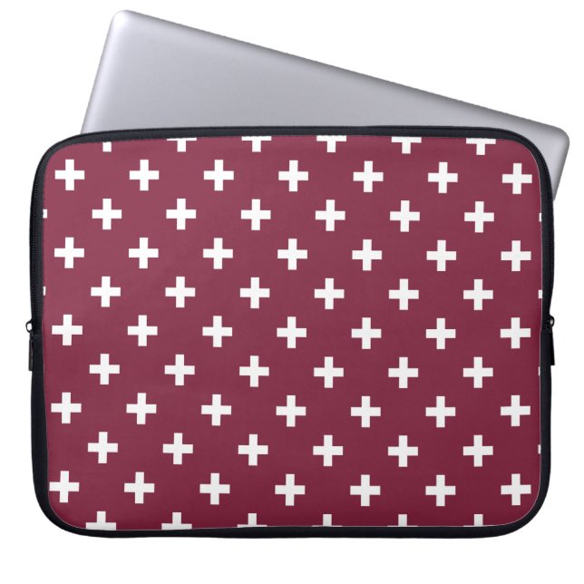 Witte polka kruist op moerbei laptop sleeve (Voorkant)