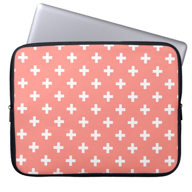 Witte polka kruist op perziken laptop sleeve (Voorkant)